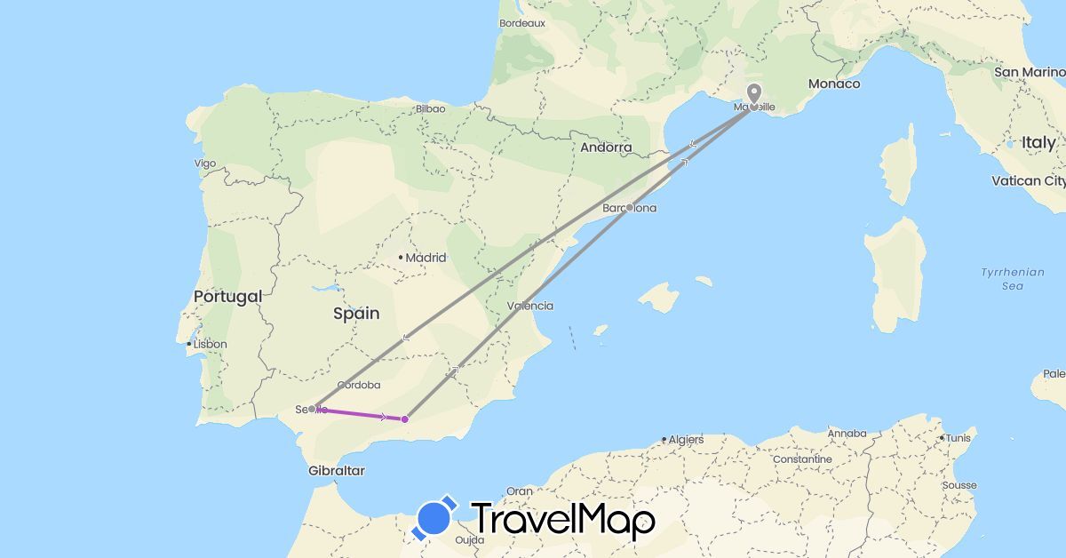 TravelMap itinerary: driving, plane, train in Spain, France (Europe)
